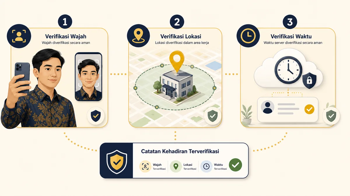 Alur verifikasi wajah, lokasi GPS, dan waktu server untuk catatan kehadiran