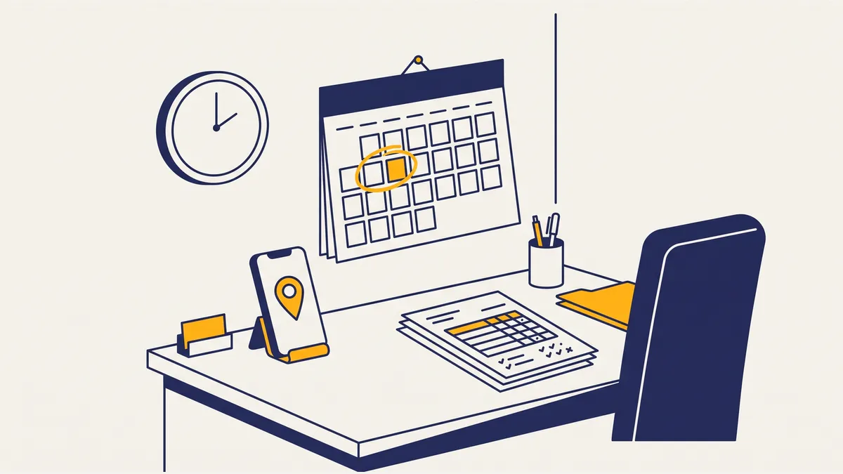 Ilustrasi kalender kerja dengan satu tanggal yang ditandai, ponsel, dan jam dinding di meja HR