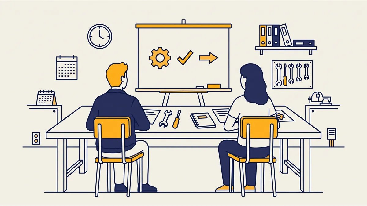 Ilustrasi sesi pelatihan internal di meja kerja dengan papan tulis berisi ikon, alat kerja, dan peserta yang terlihat dari belakang