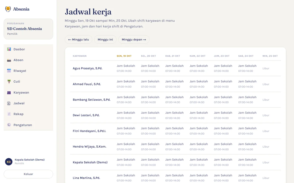 Screenshot halaman Jadwal kerja di aplikasi Absenia untuk minggu 19 sampai 25 Oktober, berisi shift Jam Sekolah 07:00-14:00 setiap guru dari Senin sampai Sabtu dan Libur pada hari Minggu