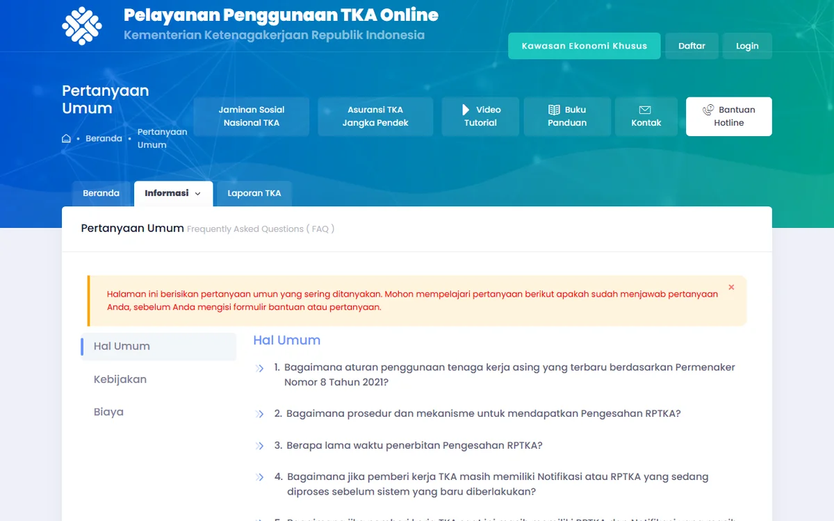 Screenshot halaman Pertanyaan Umum situs TKA Online Kementerian Ketenagakerjaan dengan kategori Hal Umum, Kebijakan, dan Biaya, serta pertanyaan tentang prosedur dan lama penerbitan Pengesahan RPTKA