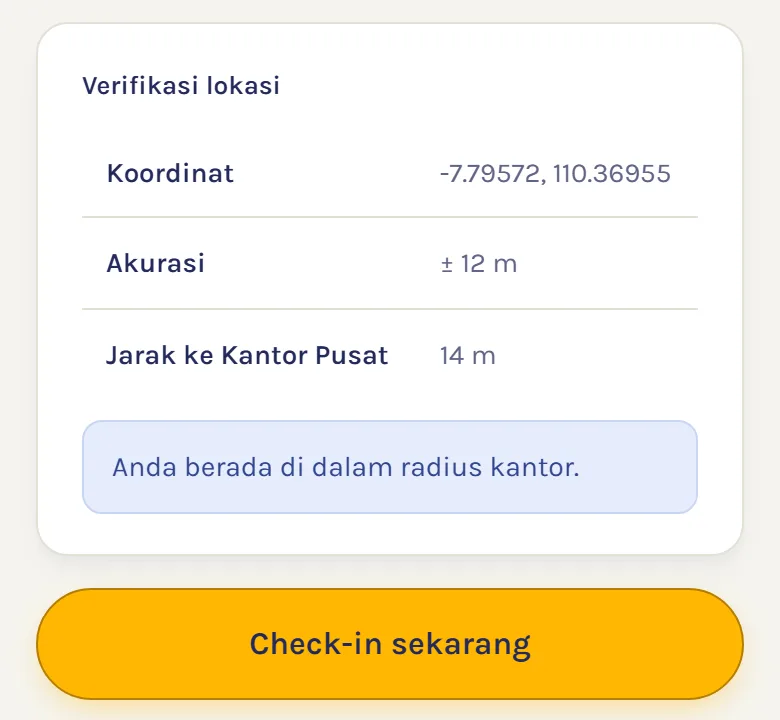 Layar absen karyawan di HP menampilkan koordinat, akurasi plus minus 12 meter, jarak 14 meter ke Kantor Pusat, dan pesan Anda berada di dalam radius kantor