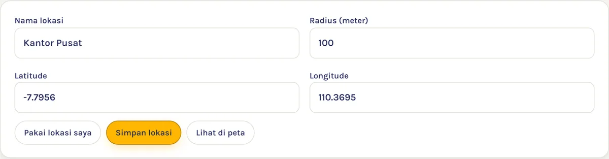 Form lokasi kerja Absenia berisi nama lokasi Kantor Pusat, radius 100 meter, latitude, longitude, dan tombol Pakai lokasi saya
